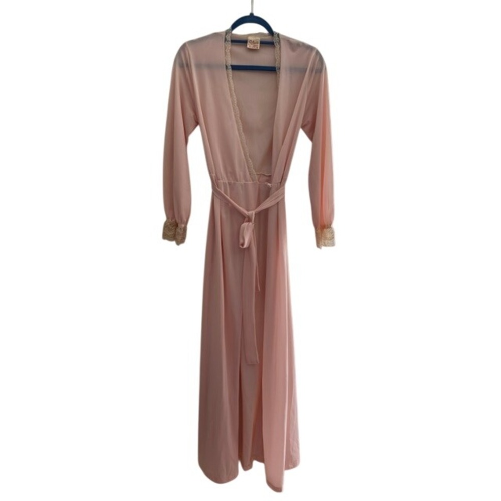 Vintage‎ 70s Avon Pink Nylon Peignoir Robe Sheer Lace Trim Maxi Lingerie P